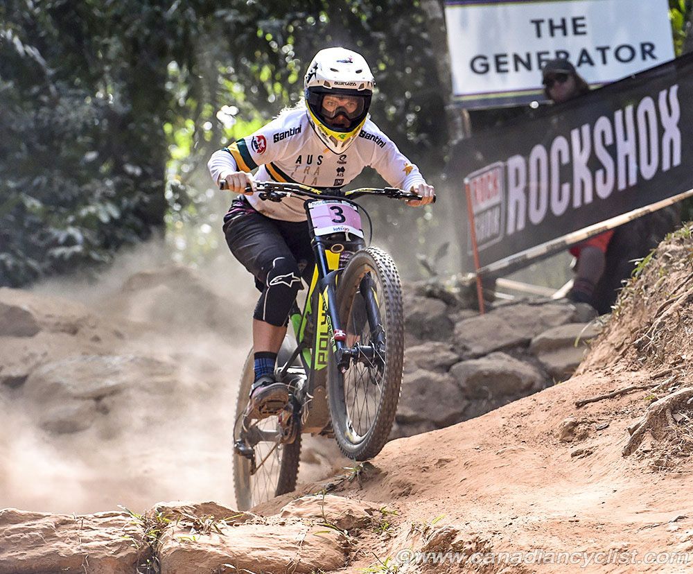 Tracey Hannah (Australia) the local favourite racing in her home town, crashed off the course but still managed to get back on her bike to take bronze