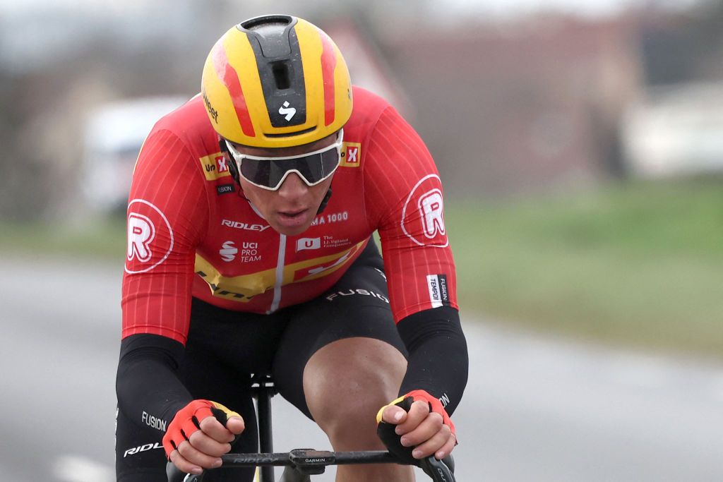 Uno-X Mobility's Norwegian rider Jonas Abrahamsen cycles in a breakaway during the 2nd stage of the Paris-Nice cycling race, 183,9 km between Montesson and Bellegarde, on March 10, 2025. (Photo by Anne-Christine POUJOULAT / AFP)