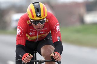 Uno-X Mobility's Norwegian rider Jonas Abrahamsen cycles in a breakaway during the 2nd stage of the Paris-Nice cycling race, 183,9 km between Montesson and Bellegarde, on March 10, 2025. (Photo by Anne-Christine POUJOULAT / AFP)
