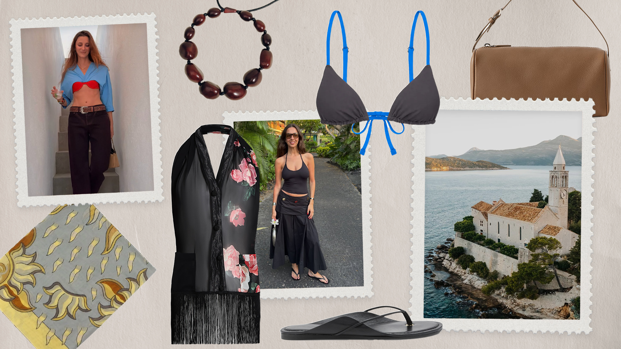 a collage of stylist and tastemaker outfits with vacation destination imagery and products featuring what to pack there