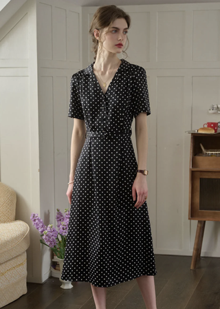 Baylee French Retro Polka Dot V-Neck Dress