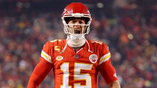 Patrick Mahomes #15 of the Kansas City Chiefs ahead of the Chiefs vs Bills live Divisional Round 2024