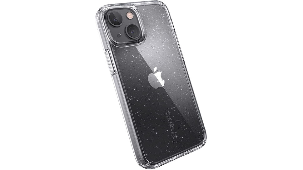 Casing mini iPhone 13 Speck Gemshell Glitter dengan latar belakang putih