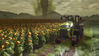 Farming Simulator 25 screenshot of a farmer in a tractor by a sunflower field as rain falls. A tornado can be seen in the background