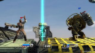 Screenshot from PlayStation All-Stars, showing a side-on view of a BioShock Big Daddy facing off against a gun-wielding soldier.