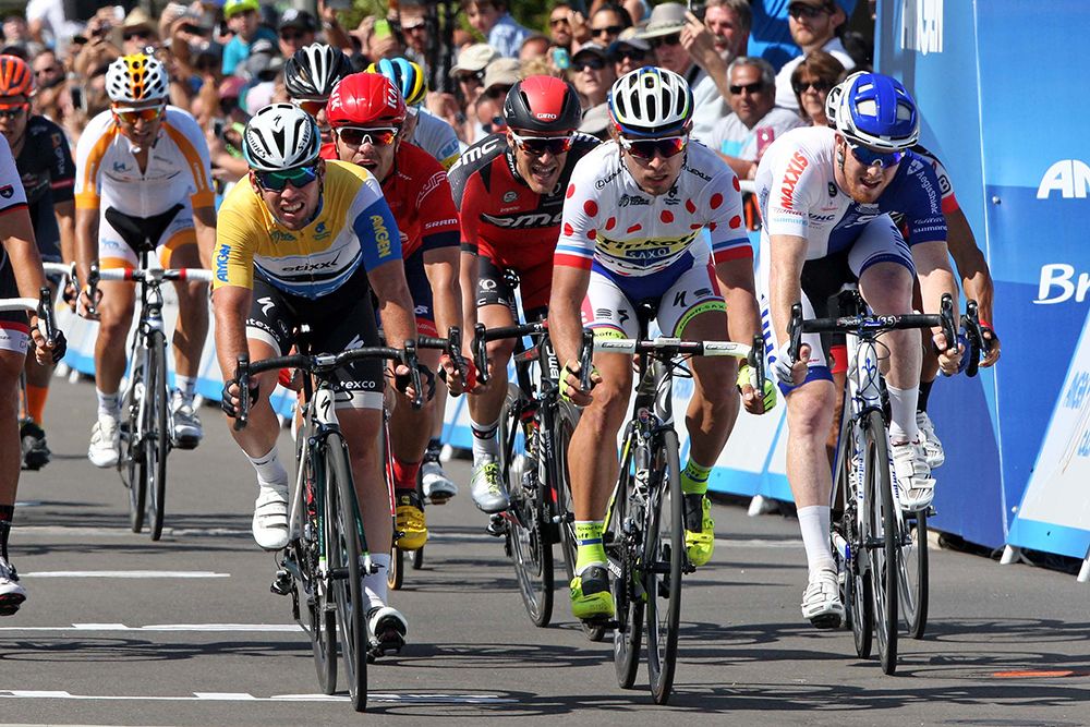 Mark Cavendish (Etixx-Quick Step) margin of victory was far smaller on stage 2 over Peter Sagan (Tinkoff-Saxo)