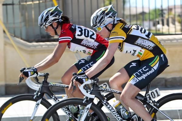 Evelyn Stevens (HTC-Highroad) and race leader teammate Amber Neben riding along together