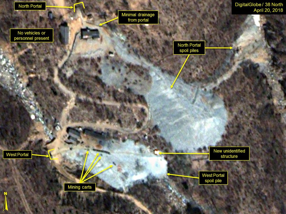 A train of mining carts and new structure are seen at the West Portal spoil pile within the Punggye-ri Nuclear Test Site in North Korea on April 20, 2018. The testing site sits on Mount Mantap, which seems to have &quot;tired mountain syndrome.&quot;