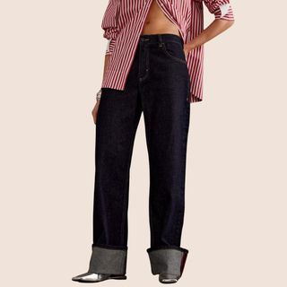 Flat lay image of denim wide leg jeans