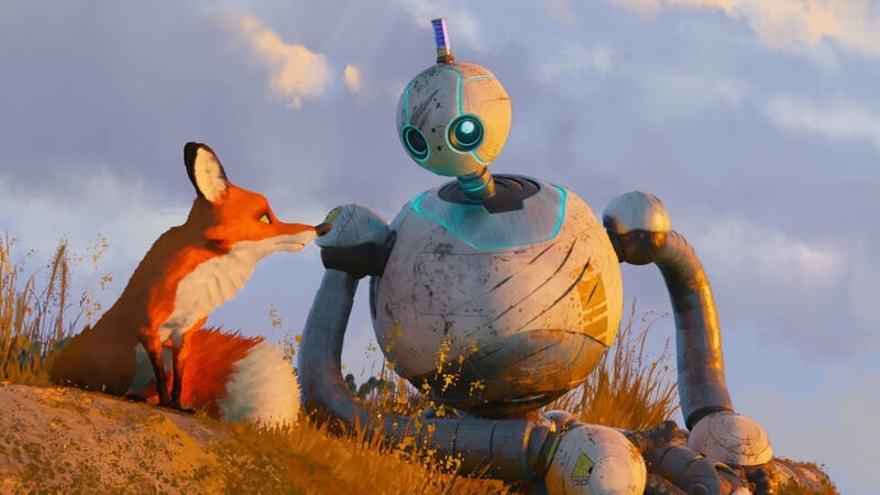 fox and robot sitting on a hill in The Wild Robot