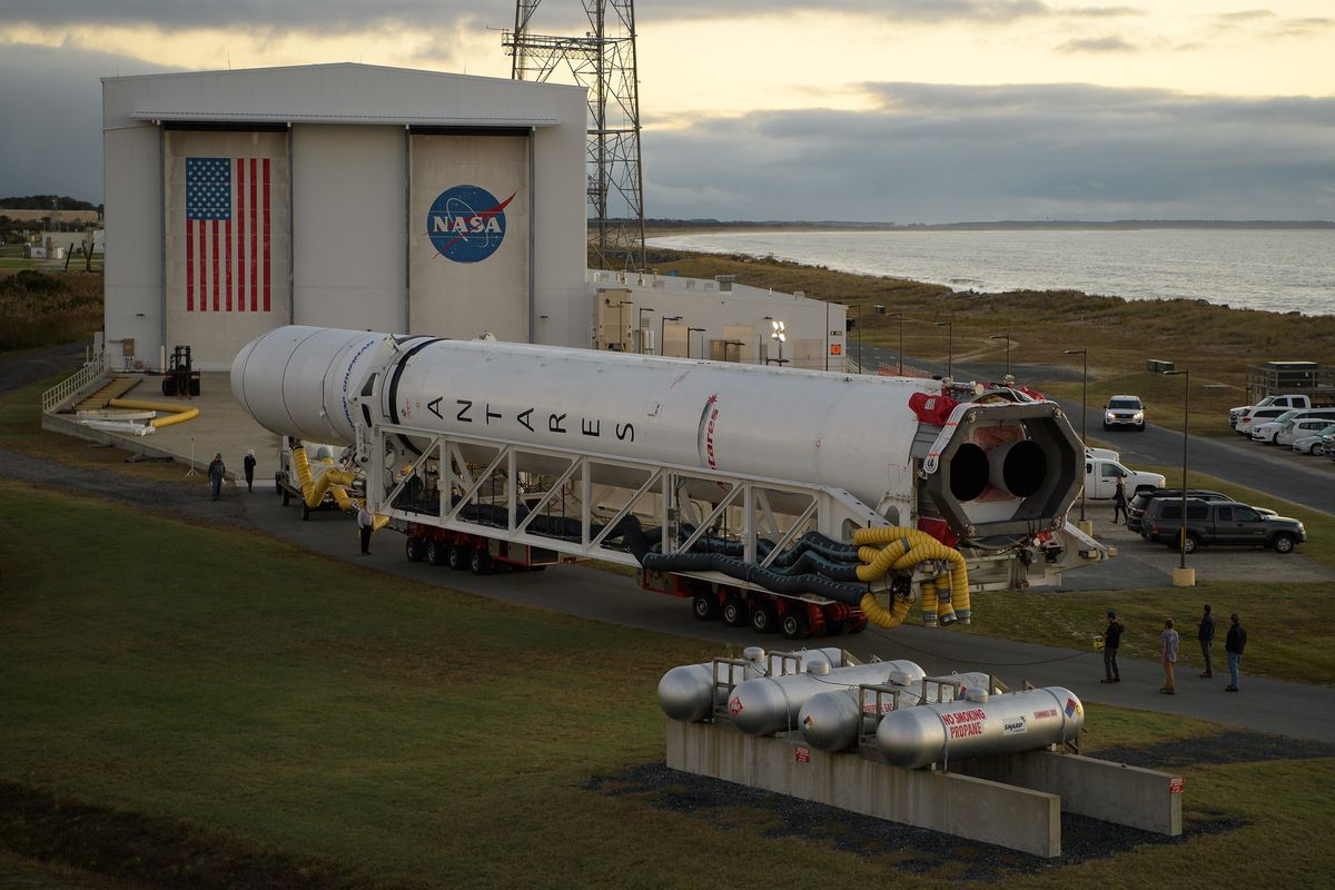 The Northrop Grumman Antares rocket that will launch the Cygnus NG-12 cargo resupply mission to the International Space Station rolls out of the Horizontal Integration Facility to the launch site at NASA&#039;s Wallops Flight Facility in Virginia on Oct. 29, 2019.