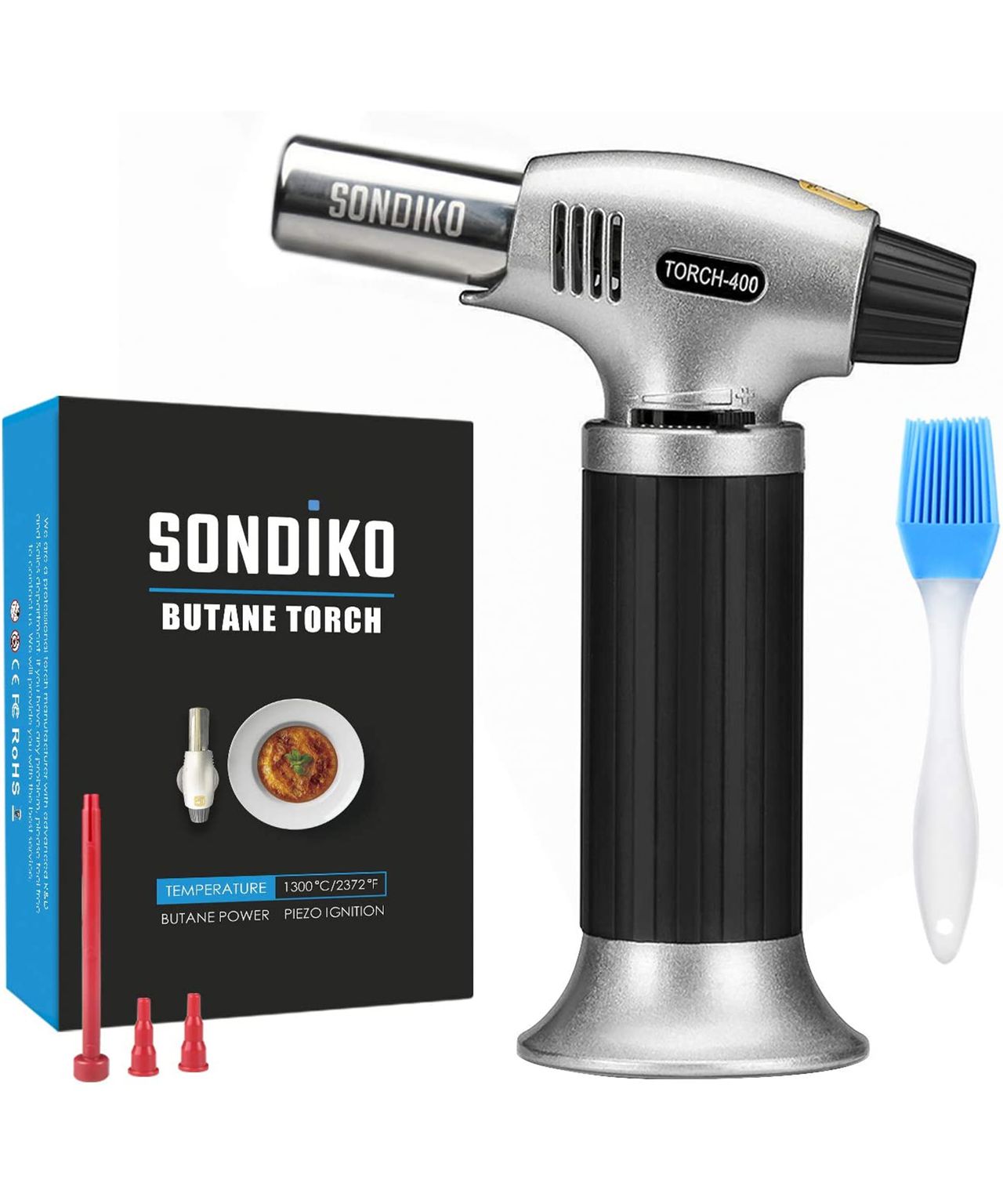 Sondiko butane torch, culinary torch refillable kitchen butane torch lighter with safety lock and adjustable flame