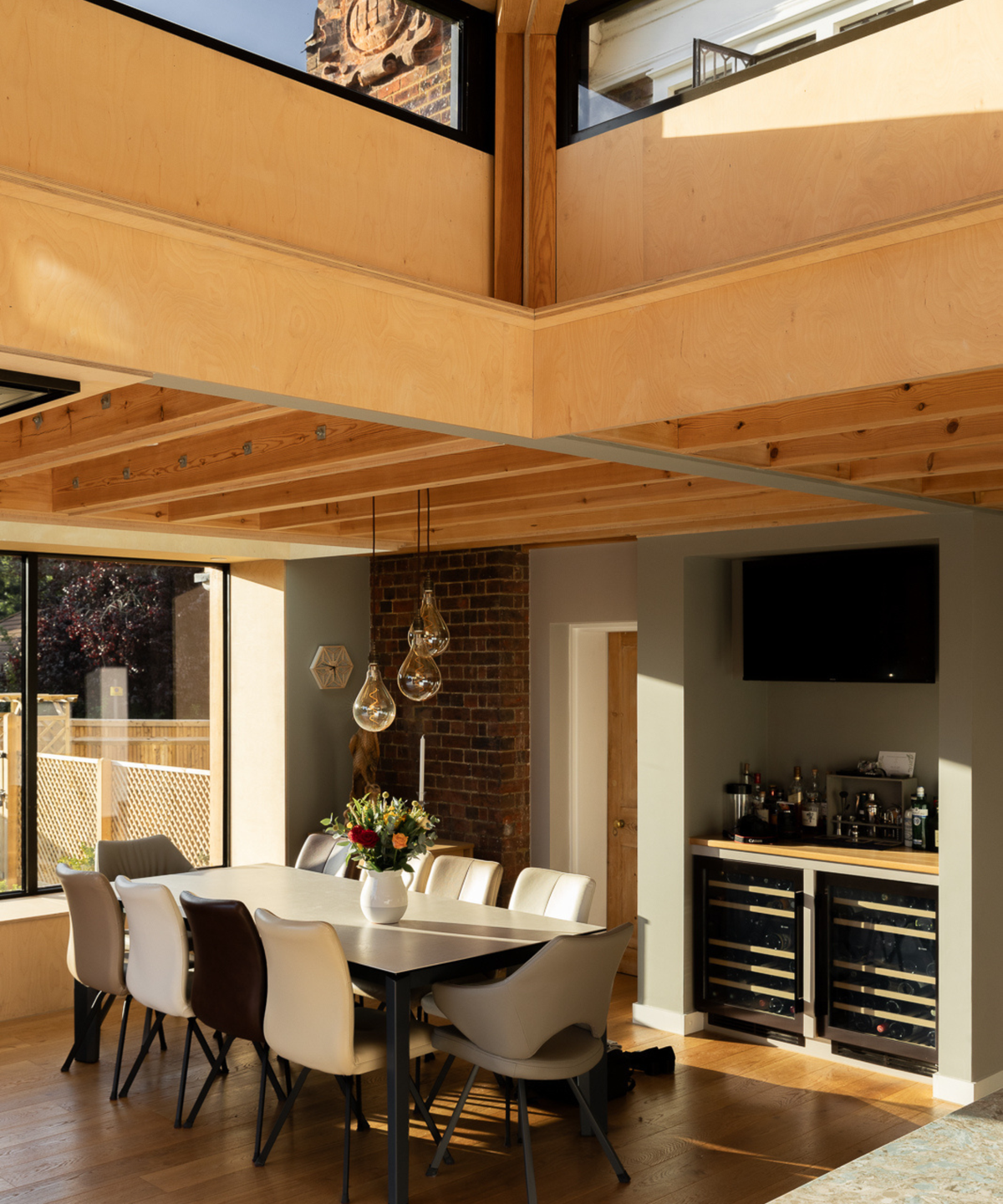 kitchen with wood beamed roof