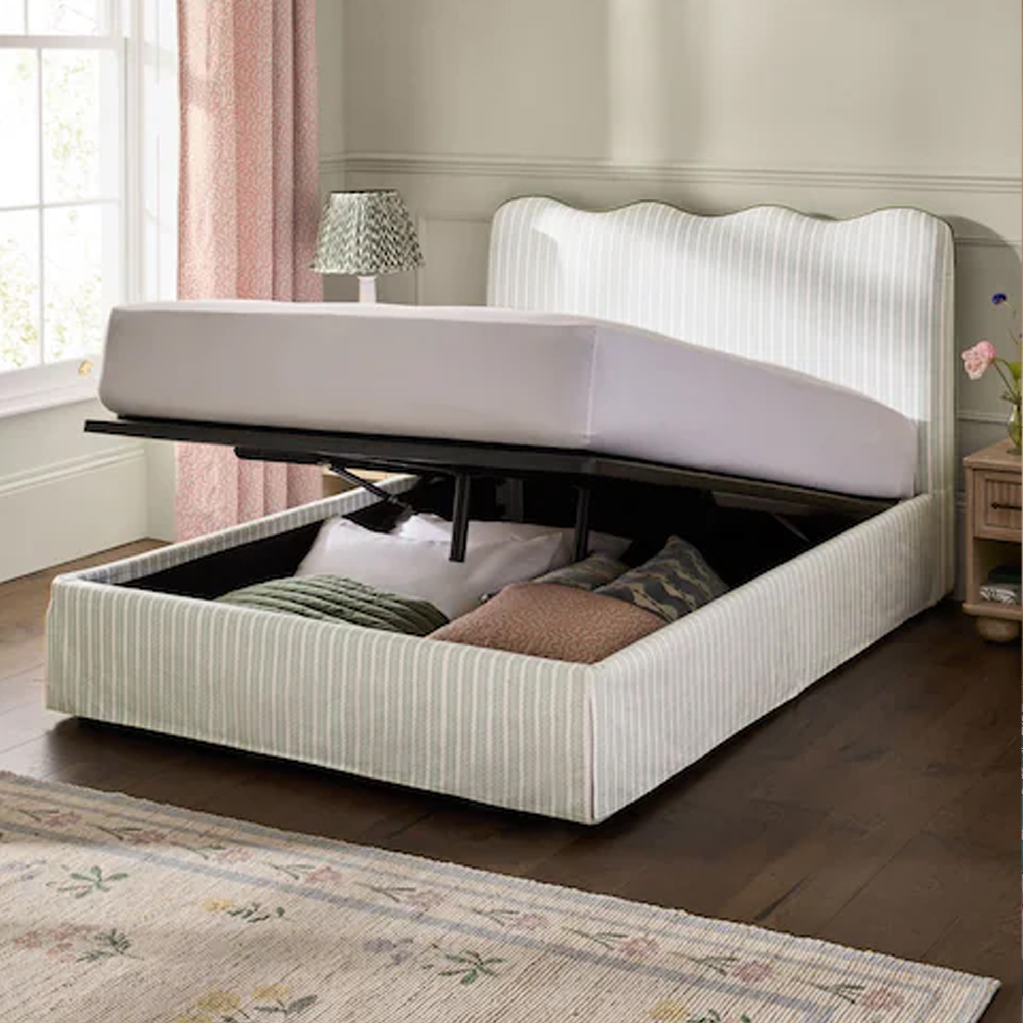 Next Emmett Stripe Sage Green Wren Scallop Headboard Ottoman Storage Bed Upholstered