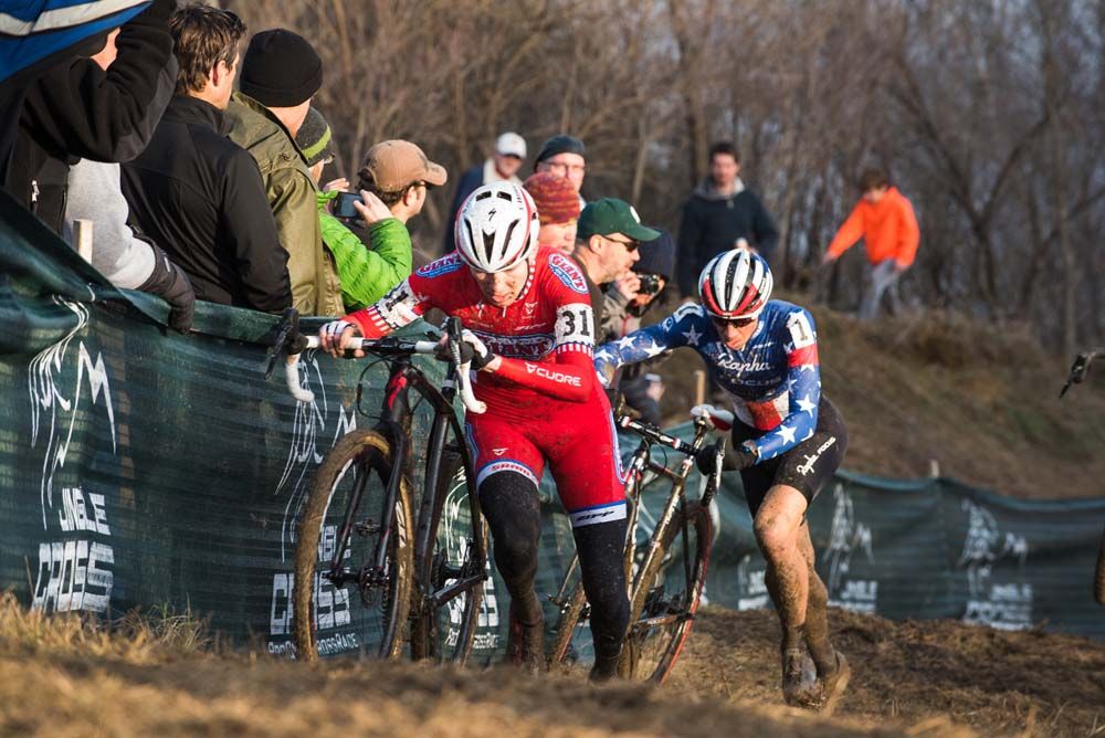 Logan Owens (Cal Giant), Jeremy Powers (Rapha), and Stephen Hyde (Cannondale pb Cyclocrossworld) on the run up to the top of Mt. Krumpit