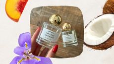 Image of hand holding Boots Last Notes Perfume on a beige background with a coconut, iris and peach 