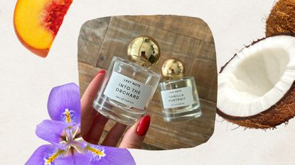 Image of hand holding Boots Last Notes Perfume on a beige background with a coconut, iris and peach