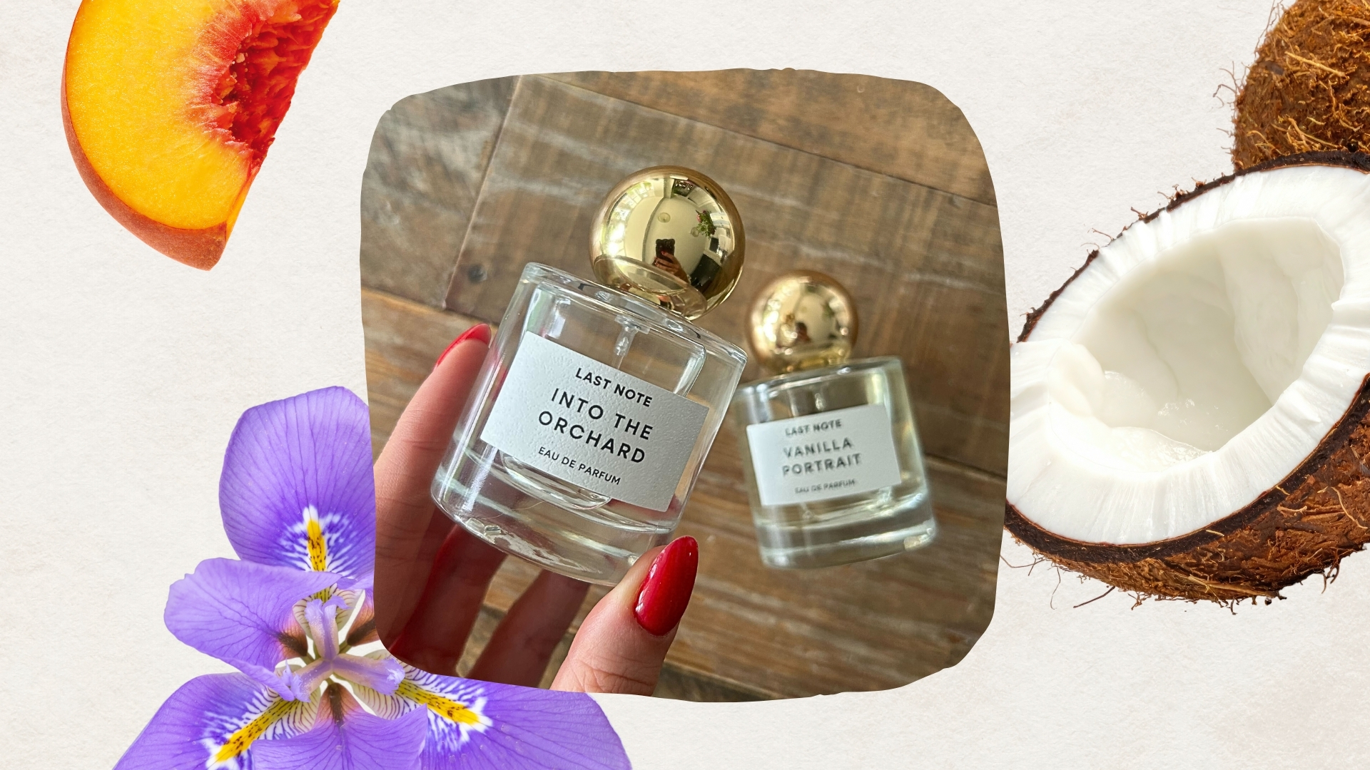 Image of hand holding Boots Last Notes Perfume on a beige background with a coconut, iris and peach 