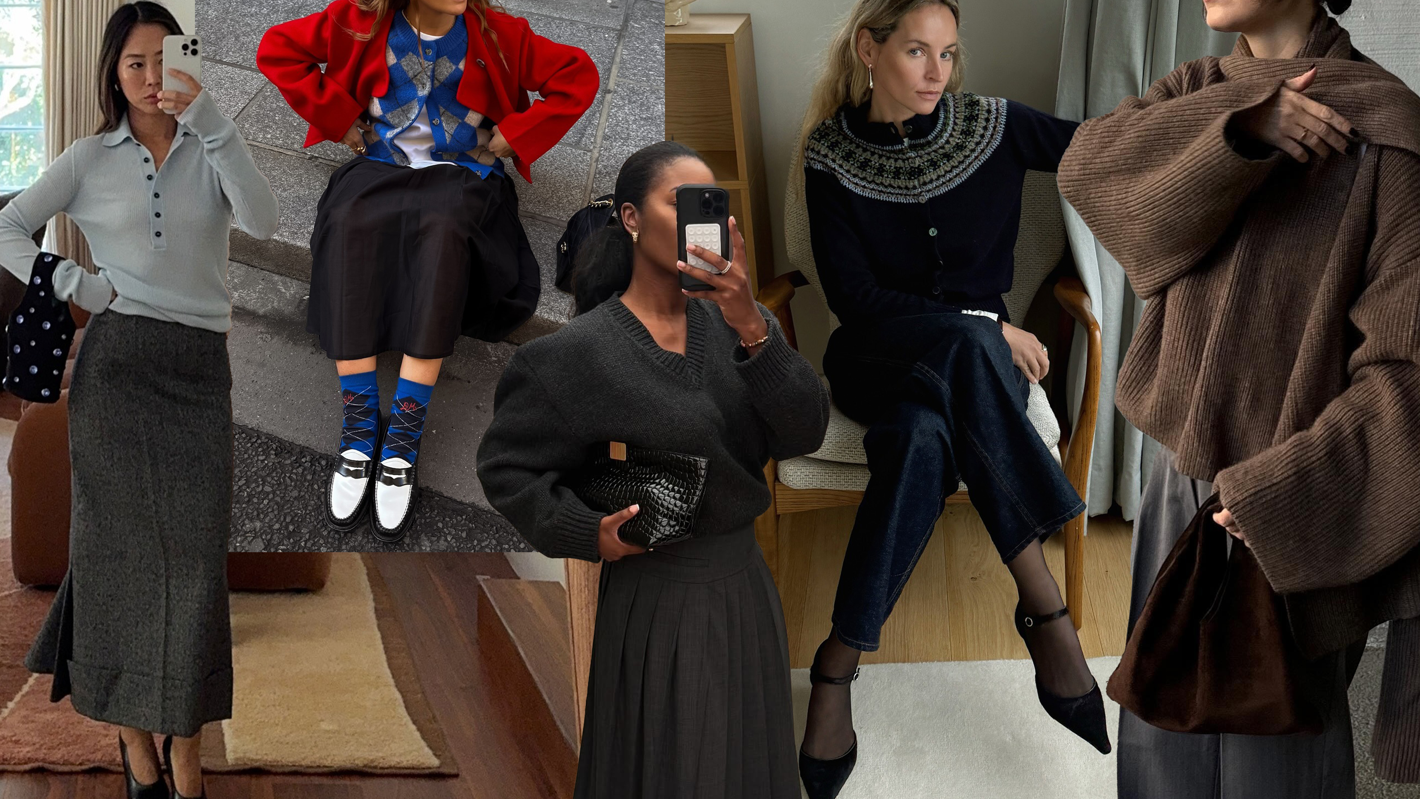 Aimee Song wears a blue polo sweater and heather grey knit skirt. Rebecca Ferrazwyatt wears a black skirt with an argyle cardigan. Influencer Marilyn wears a high-neck V sweater and a heather grey pleated skirt. Anouk Yve wears a fair isle sweater with trousers and t-strap heels. Annabel Rosendahl wears a brown scarf sweater with brown trousers. 
