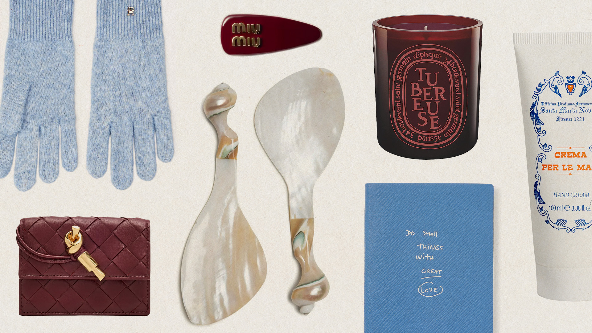Collage of gloves, hair clip, candle, hand cream, notebook, salad severs, and wallet.