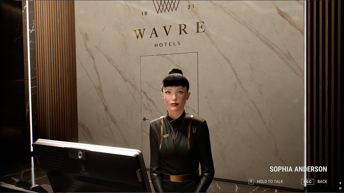 Nvidia ACE AI; a game character behind a desk at a hotel
