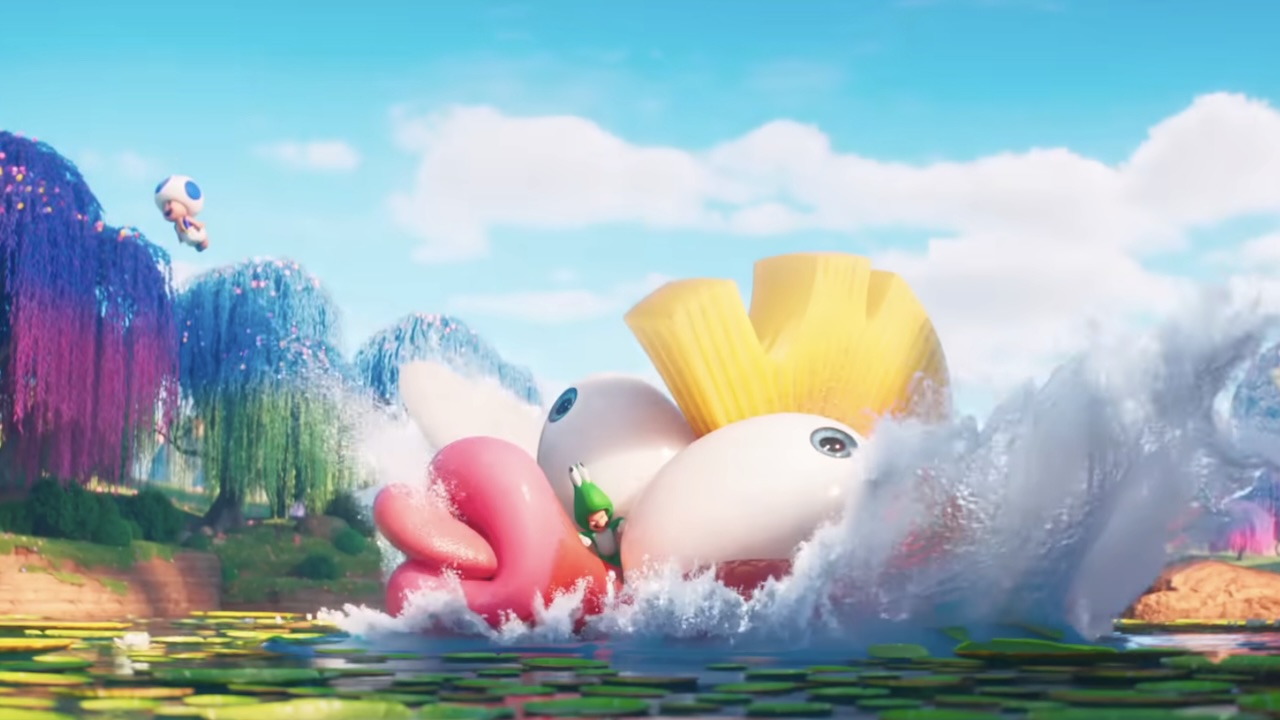 Frog Luigi stomping Boss Bass to save Blue Toad in The Super Mario Galaxy Movie