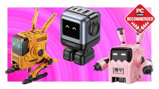 A selection of GaN fast chargers with anthropomorphic designs on a pink deal background