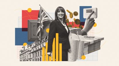 Photo composite illustration of Rachel Reeves, the chancellor's briefcase, luxury homes, milkshakes, a thermostat and cash