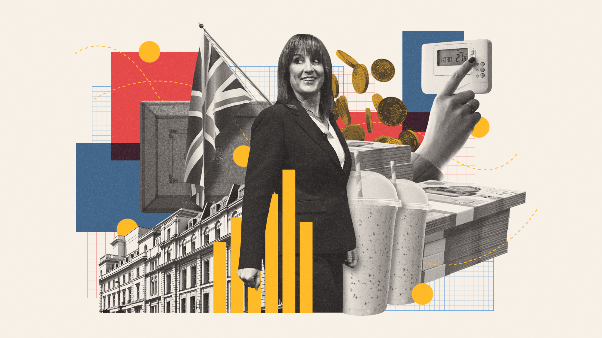 Photo composite illustration of Rachel Reeves, the chancellor's briefcase, luxury homes, milkshakes, a thermostat and cash