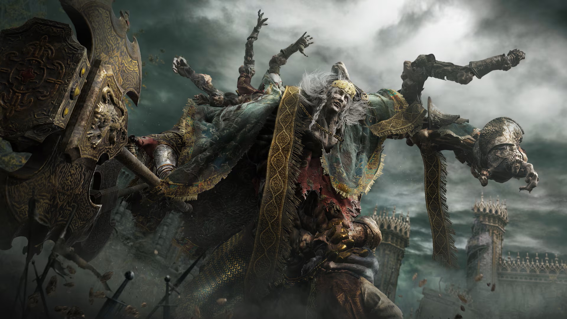 In Elden Ring on PS5, boss Godrick the Grafted, who has many arms and wields a large hammer, looms beneath a grey sky