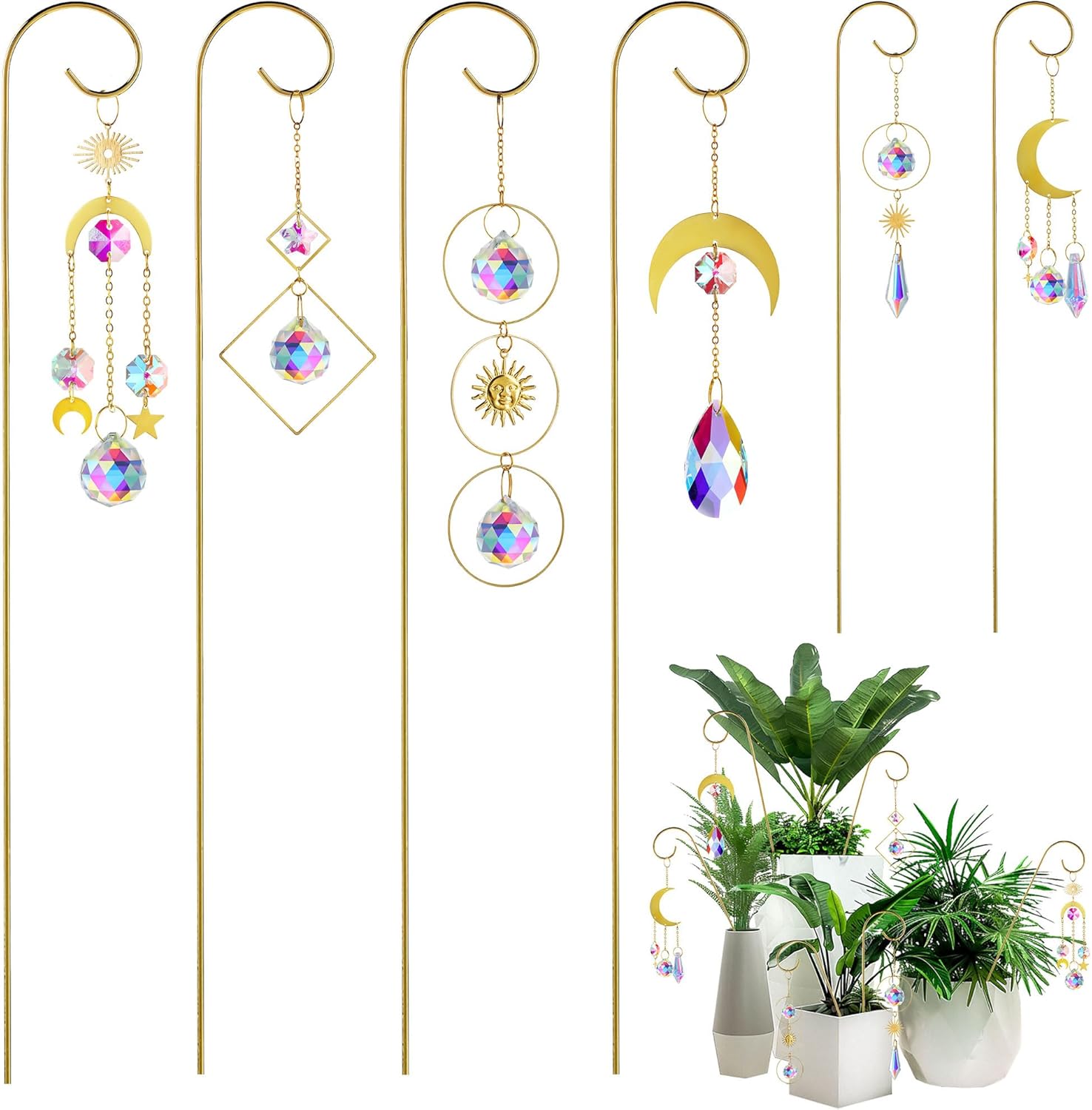 Hdcrystalgifts 6 Pack Small Trellis for Potted Plants Indoor With Colorful Crystal Sun Catcher, 13.5'' Metal Plant Stake Suncatchers for Mini Potted Plant Decoration for Home Window Garden