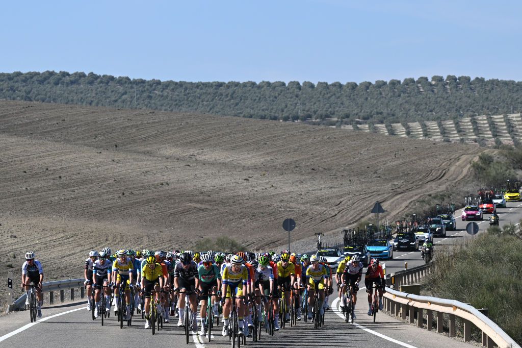 UBEDA SPAIN FEBRUARY 17 Yentl Vandevelde of Belgium and Team Flanders Baloise leads the peloton during the 4th Clasica Jaen Paraiso Interior 2025 a 1692km one day race from Ubeda to Ubeda on February 17 2025 in Ubeda Spain Photo by Tim de WaeleGetty Images