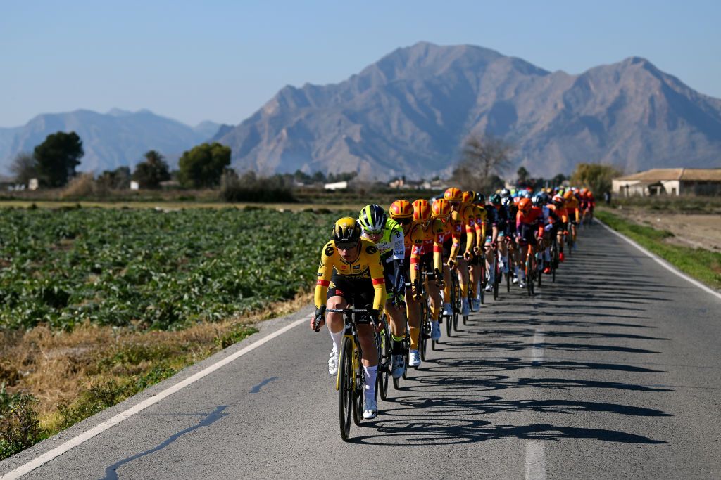 ALTEA SPAIN FEBRUARY 01 Lars Boven of The Netherlands and Team Jumbo Visma leads the peloton during the 74th Volta a la Comunitat Valenciana 2023 Stage 1 a 1894km stage from Orihuela to Altea VCV2023 VoltaValenciana on February 01 2023 in Altea Spain Photo by Dario BelingheriGetty Images