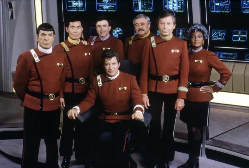 Nichelle Nichols met haar Enterprise-bemanningsleden in 1989 