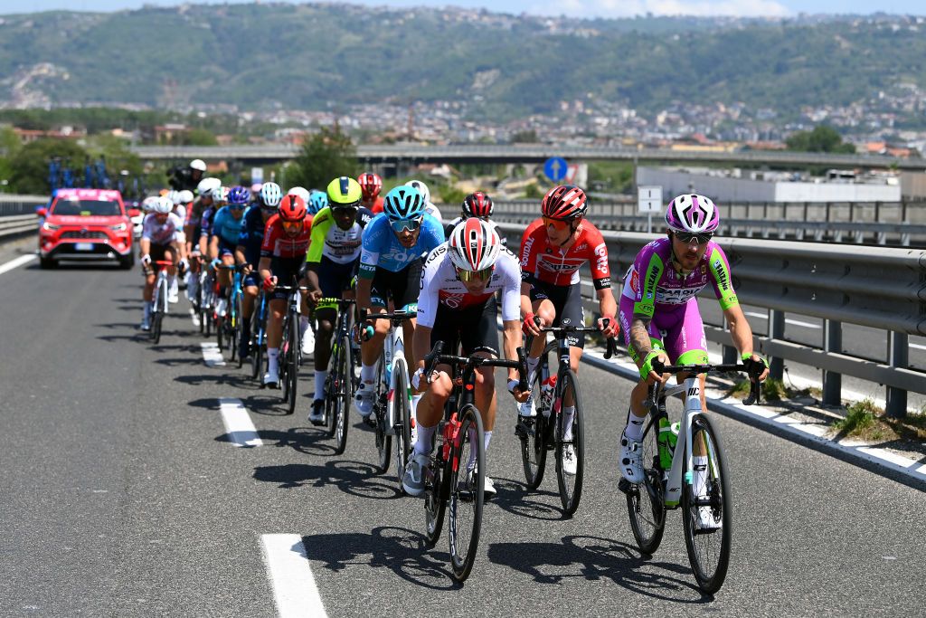 NAPOLI ITALY MAY 14 LR Guillaume Martin of France and Team Cofidis and Davide Gabburo of Italy and Team Bardiani CSF Faizane compete in the breakaway during the 105th Giro dItalia 2022 Stage 8 a 153km stage from Napoli to Napoli Giro WorldTour on May 14 2022 in Napoli Italy Photo by Tim de WaeleGetty Images