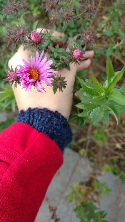 holding purple flowers