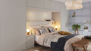 small bedroom with fitted wardrobes across bed