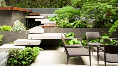 Yoga Studio Interior Design in Dark Tones, Japanese Zen Style, Exterior  Garden, Concrete Walls with…