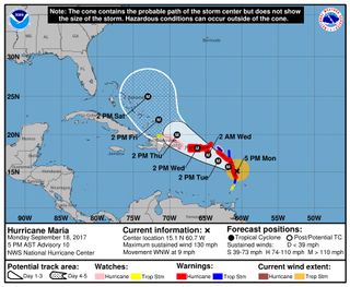 This graphic shows areas affected by Hurricane Maria, and the expected dates and times when the storm will arrive at those locations.