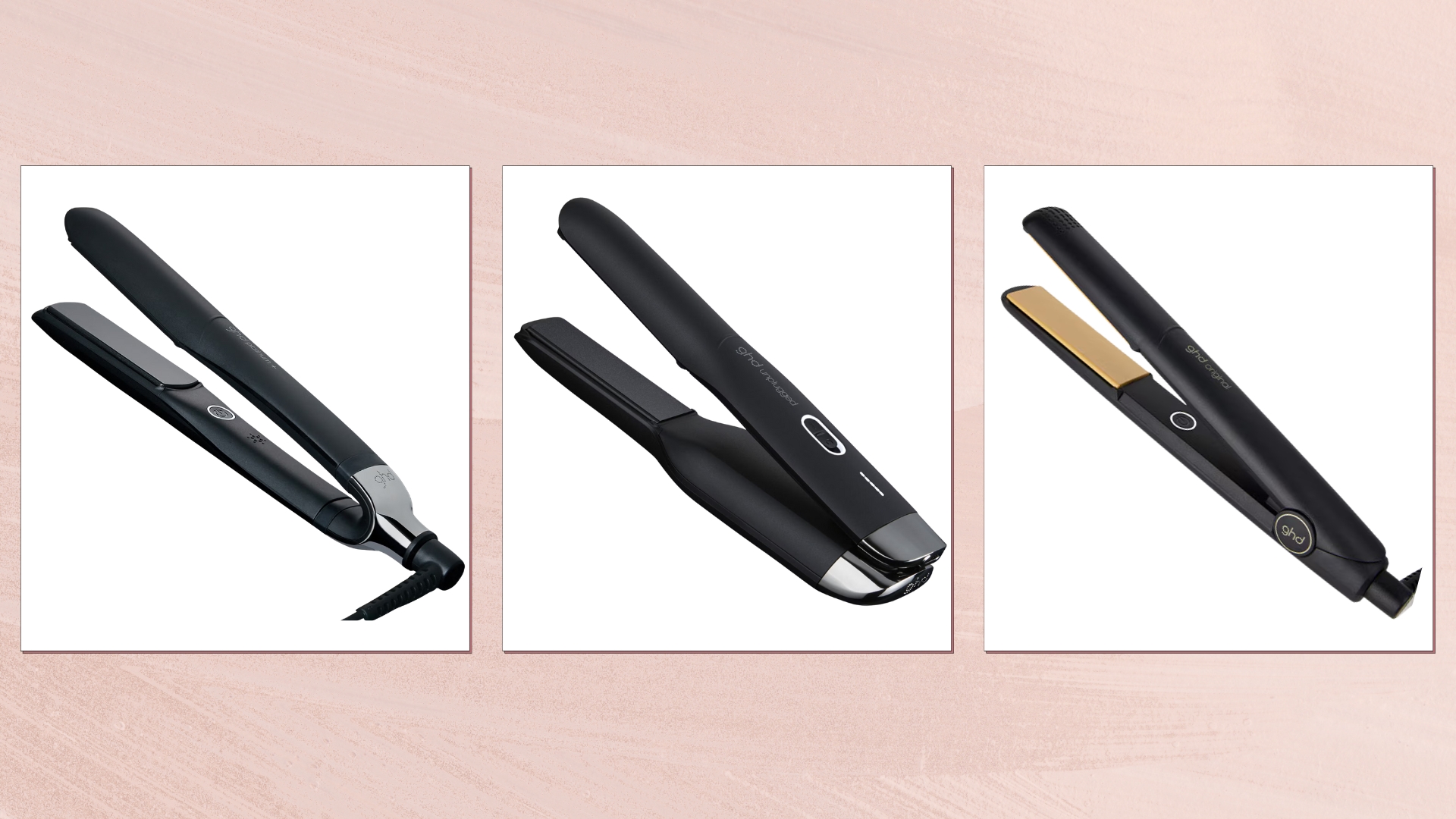 Collage of the best ghd straighteners on a pink background (L-R) Platinum+, Unplugged and Original IV