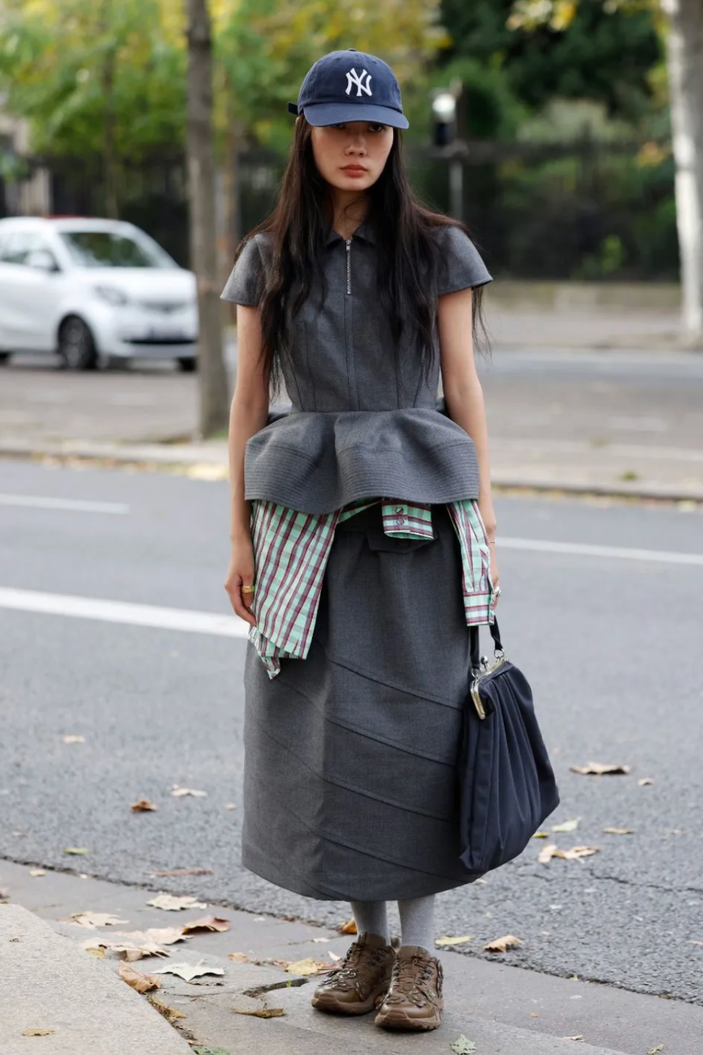 street style brown trainers, grey skirt, grey top
