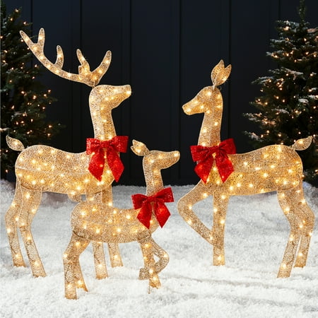 Best Choice Products 3-Piece 2d Deer Family Set, Lighted Christmas Outdoor Decoration W/ 175 Lights, Stakes - Gold