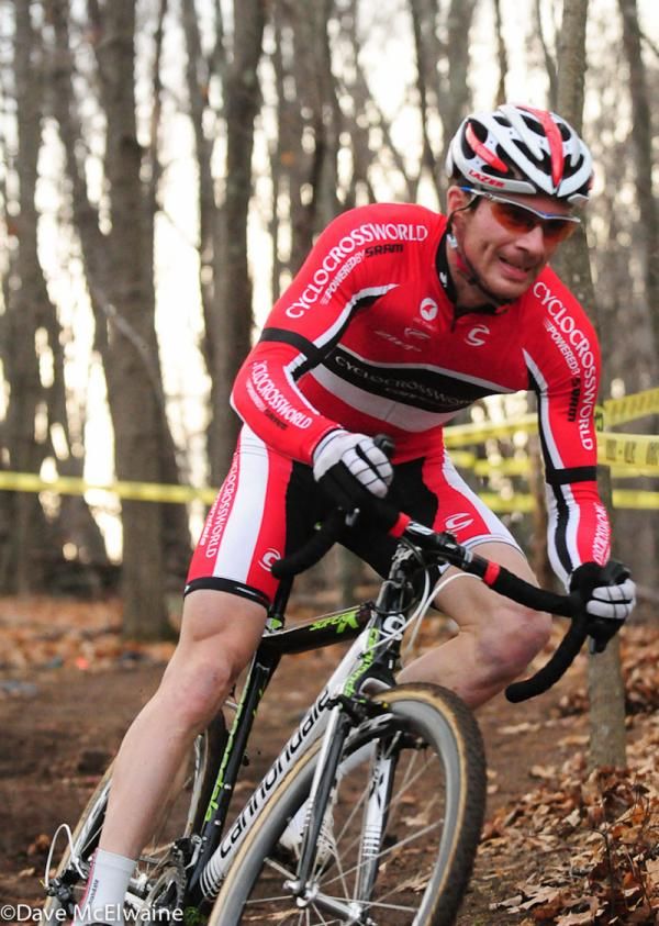 Dylan McNicholas (Cyclocrossworld.com) with a 20 second gap exiting the woods