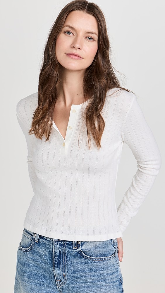Pointelle Long Sleeve Henley - White