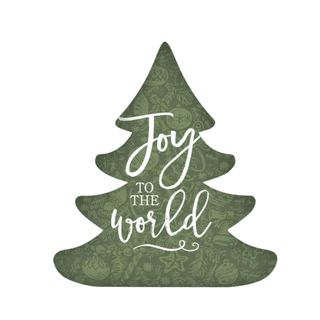 A green Christmas tree shaped sign that says "joy to the world"