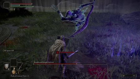 Elden Ring player fighting Bloodhound Knight Darriwill wielding the Bloodhound's Fang sword in an evergoal 