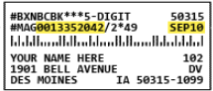 A mailing label with the customer number highlighted in yellow