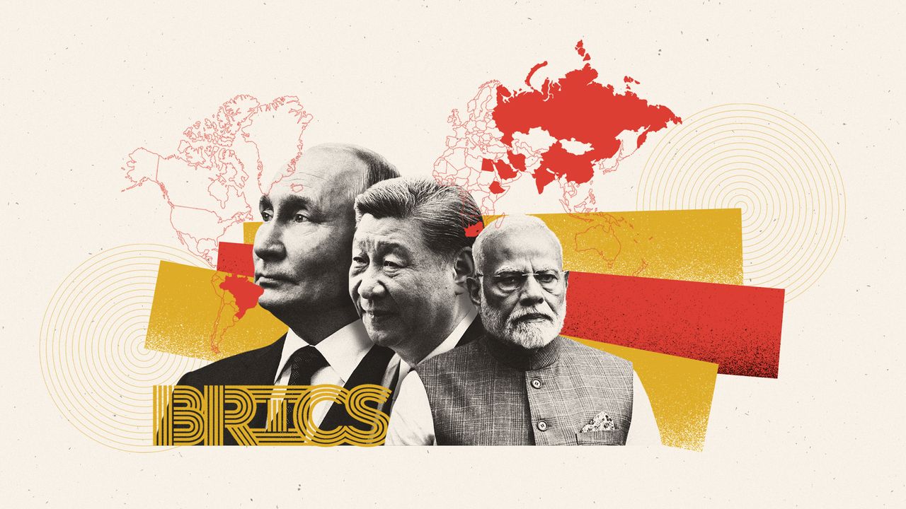 Illustration of Vladimir Putin, Xi Jinping, Narendra Modi and a world map of Brics members