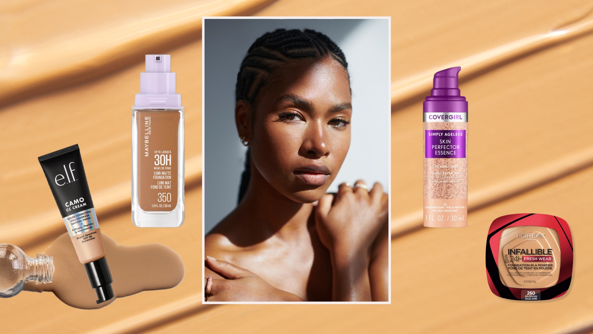 an edit of four foundations over a smeared background