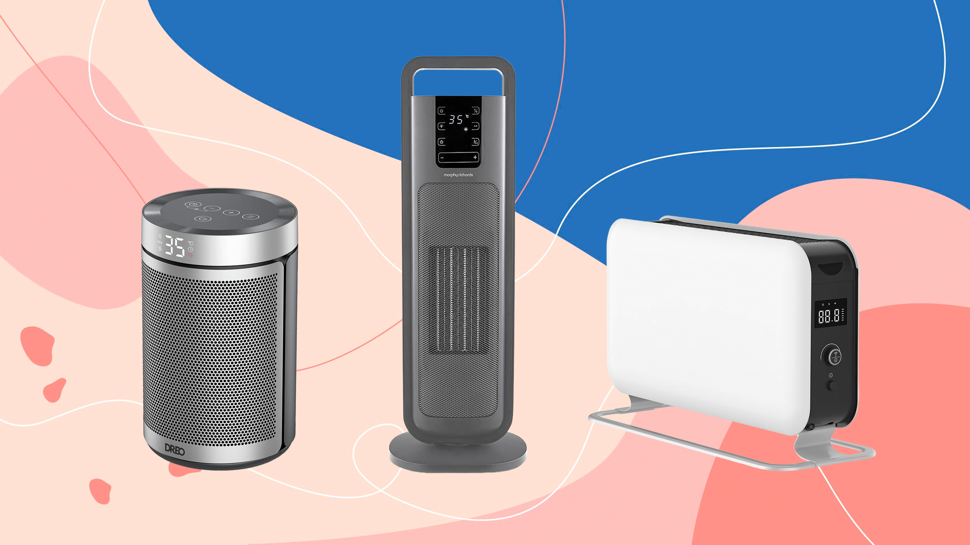 Collage of best electric heaters we've tested, including the Dreo Atom 316, Morphy Richards HeatFlux Ultra Thin Ceramic Tower Heater and the Mill WiFi Max 1500W portable heater on a colourful background